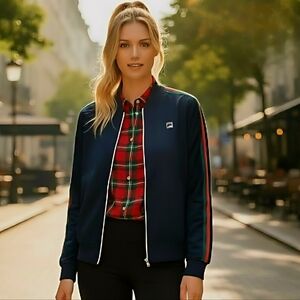 Fila Sport Navy Track Jacket Red Green Stripes Full Zip XS Good Condition